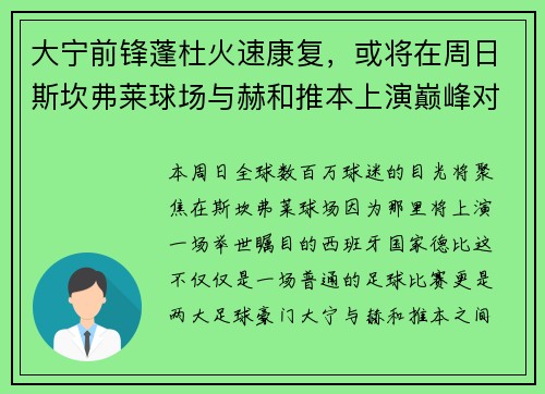 大宁前锋蓬杜火速康复，或将在周日斯坎弗莱球场与赫和推本上演巅峰对决